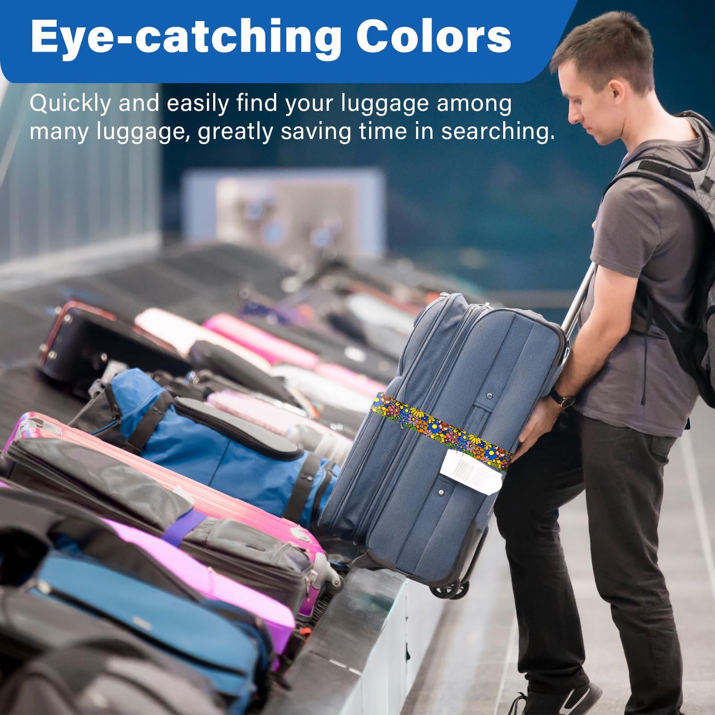 2 Pack Luggage Straps for Suitcases, Adjustable Travel Belt with Double Lock and Quick Release Buckle, Heavy Duty Nylon Bag Packing Strap, Bright Identifiers Business Travel Accessories-Sun Flowers