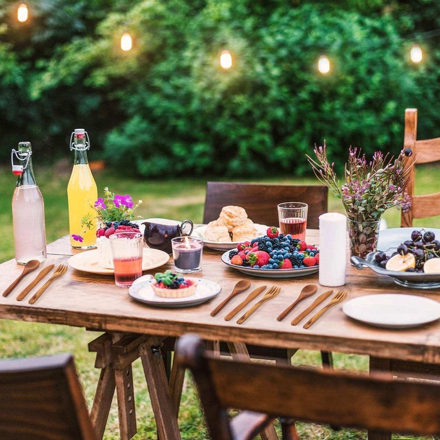 Geiserailie 12 Pcs Wooden Utensils for Eating Wooden Spoon Fork Knife Cutlery Set Kitchen Wood Dinner Flatware Tableware Set Includes Spoon, Fork, Knife (Teak Wood)