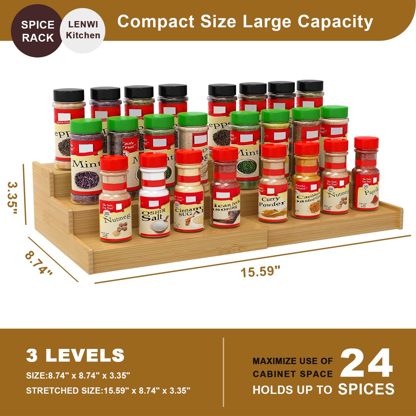 Lenwi Spice Rack Organizer for Cabinet, 3 Tier Expandable Bamboo Spice Storage, Great for Kitchen Cabinet, Cupboard,Pantry and More