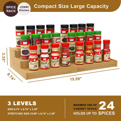 Lenwi Spice Rack Organizer for Cabinet, 3 Tier Expandable Bamboo Spice Storage, Great for Kitchen Cabinet, Cupboard,Pantry and More