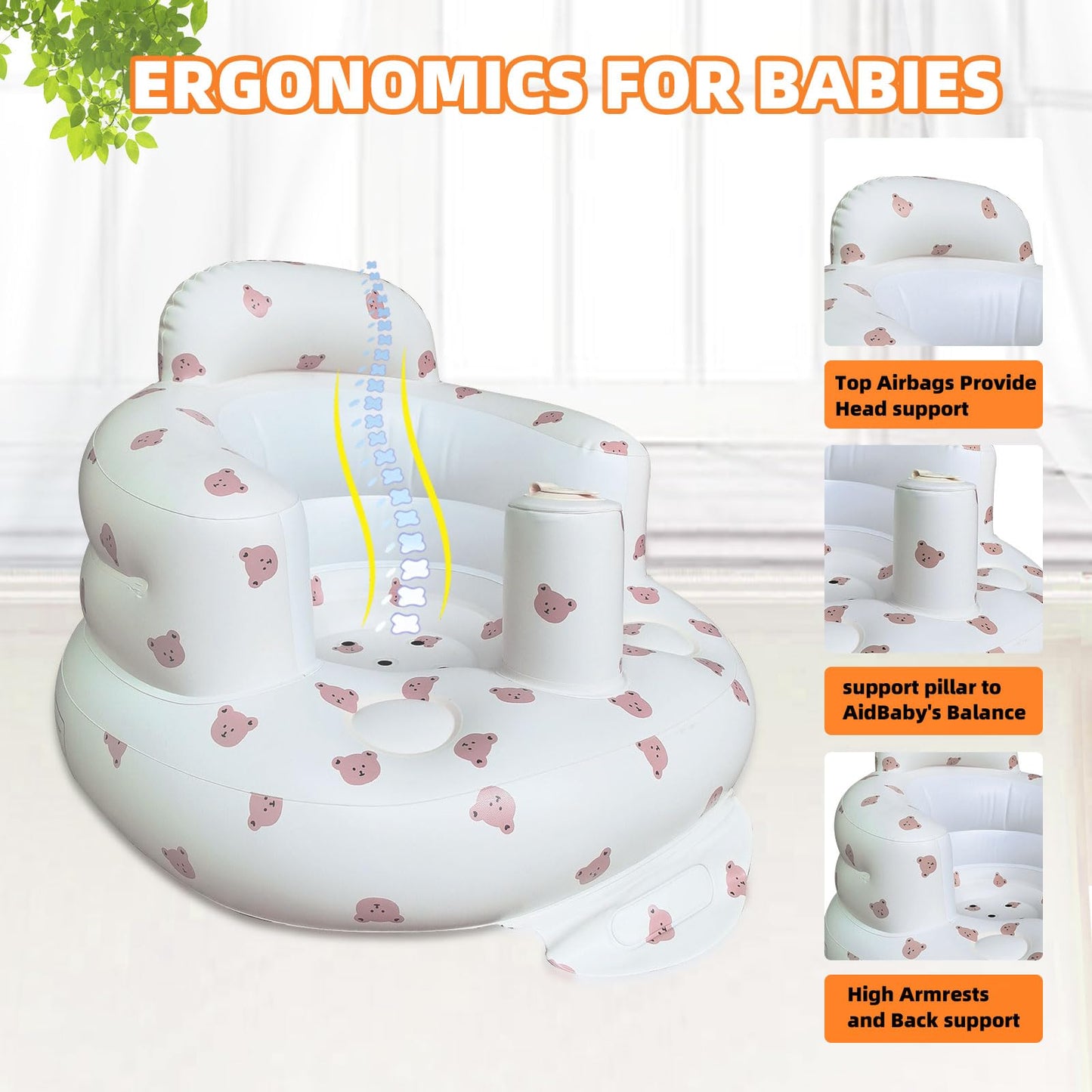 AGITVPS Inflatable Baby Seat for Babies 3-36 Months, Built in Air Pump Baby Chair Sit Me up Floor Seat for Baby, Bumbo Seat for Learning to Sit, Feeding, Camping (Bear)