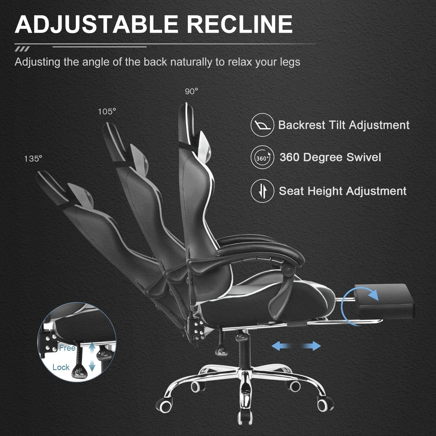 GTPLAYER Gaming Chair, Computer Chair with Footrest and Lumbar Support, Height Adjustable Game Chair with 360°-Swivel Seat and Headrest and for Office or Gaming (Snow White)