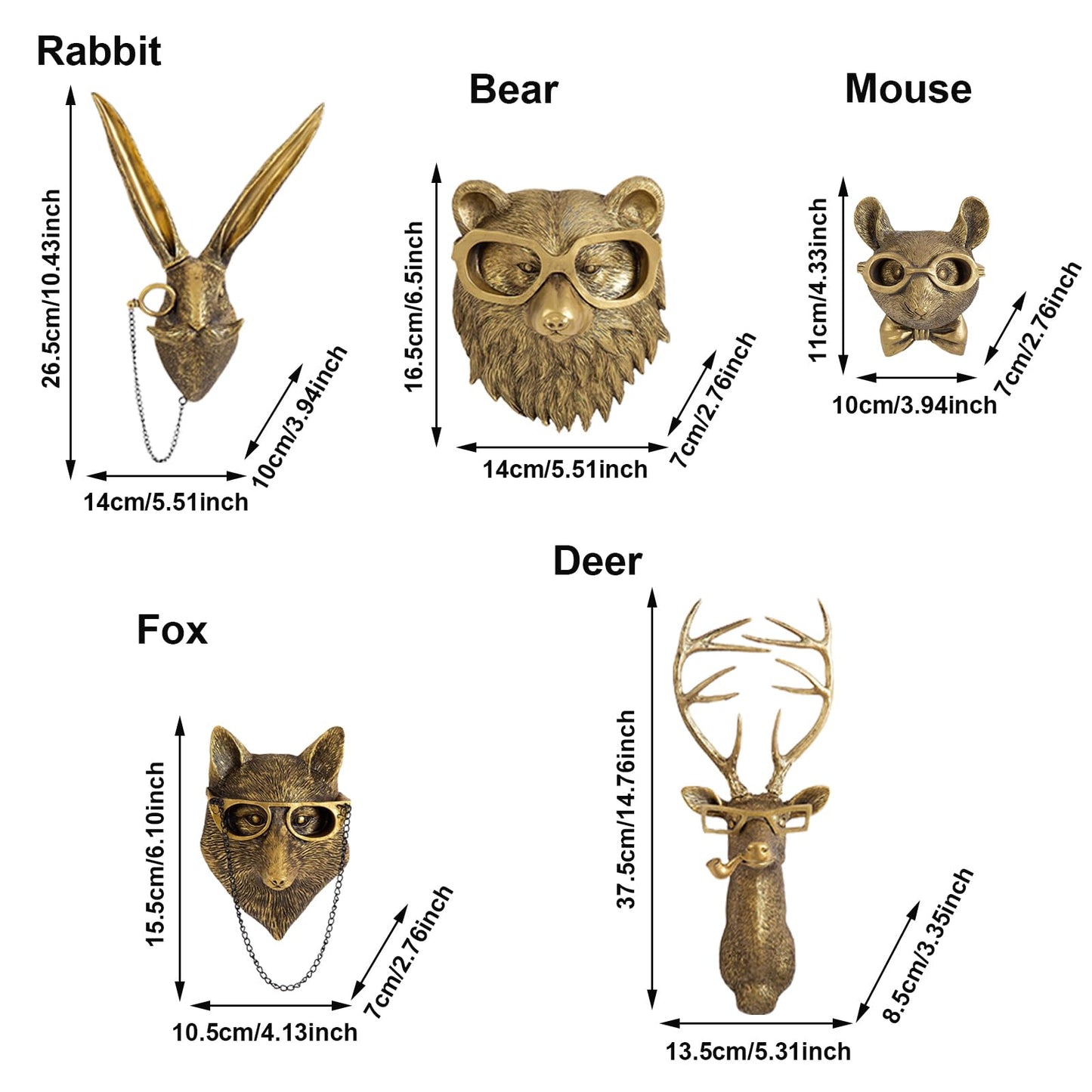 GUASDIE Animal Heads Wall Decor, Faux Deer Head Mount, Animal Sculptures Wall Decor, Resin Animal Head Wall Hanging Decoration for Living Room Bedroom Kitchen Gift,5pcs, 1587574779-65291236