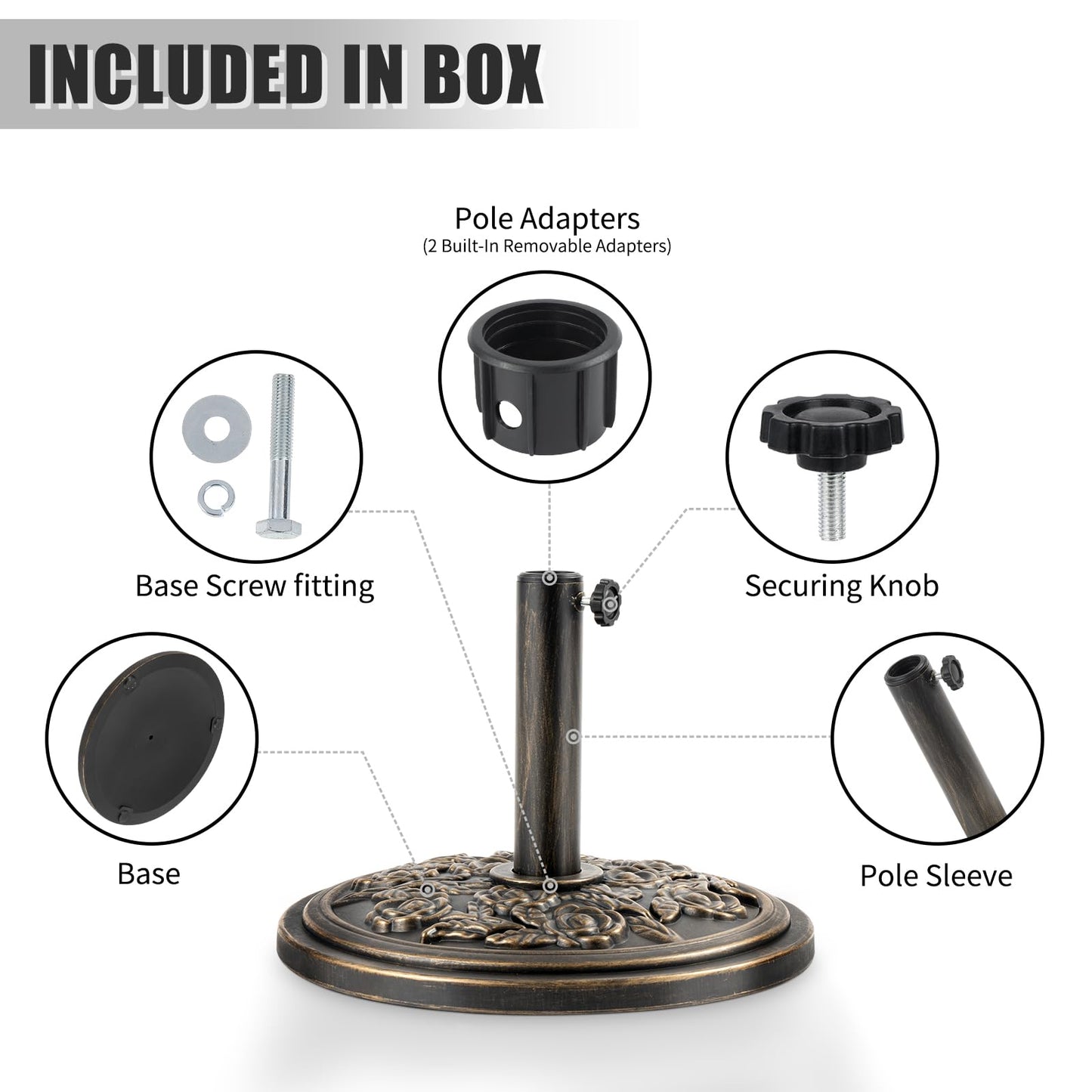 18 Inch Cast Stone w/Resin Shell Patio Umbrella Base, Bronze