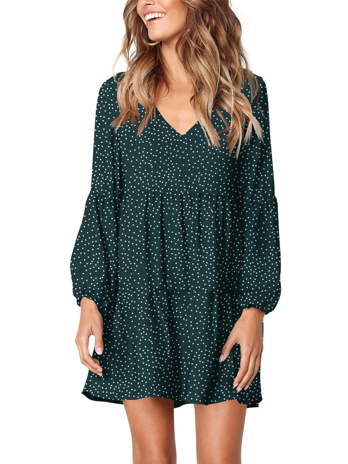 Amoretu Womens V Neck Bishop Long Sleeves Polka Dot Loose Fit Tunic Dress, Summer, Fall, 2025 (Green, S)