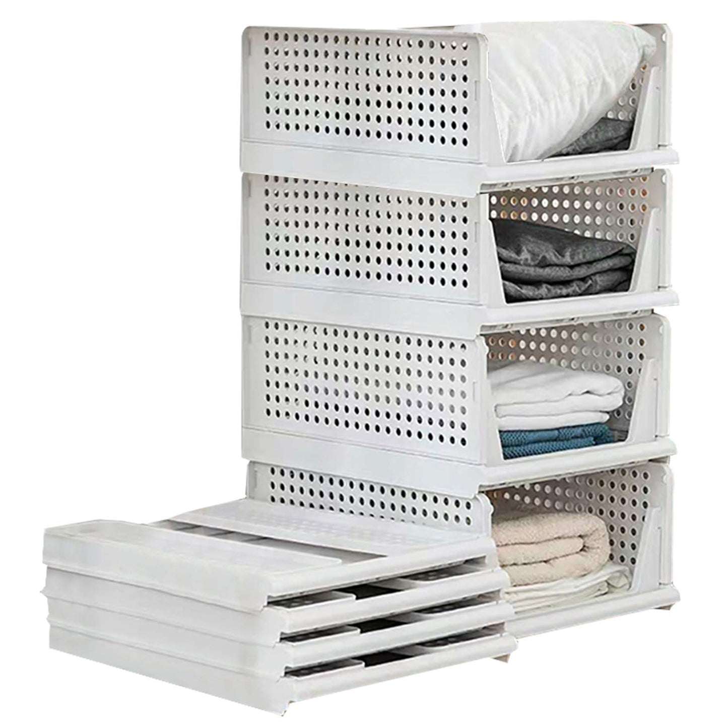 jocabo Folding Wardrobe Storage Box 4-Pack Plastic Drawer Organizer Stackable Shelf Baskets Cloth Closet Containers Bin Cubes,Home Office Bedroom Laundry Fold Pull Out Dividers for Clothes,Toys White
