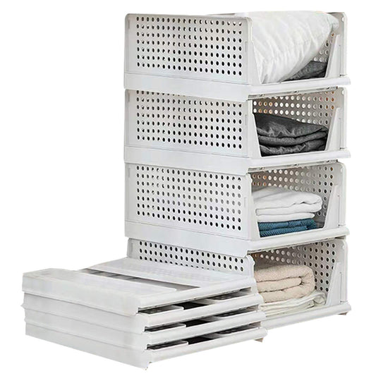 jocabo Folding Wardrobe Storage Box 4-Pack Plastic Drawer Organizer Stackable Shelf Baskets Cloth Closet Containers Bin Cubes,Home Office Bedroom Laundry Fold Pull Out Dividers for Clothes,Toys White
