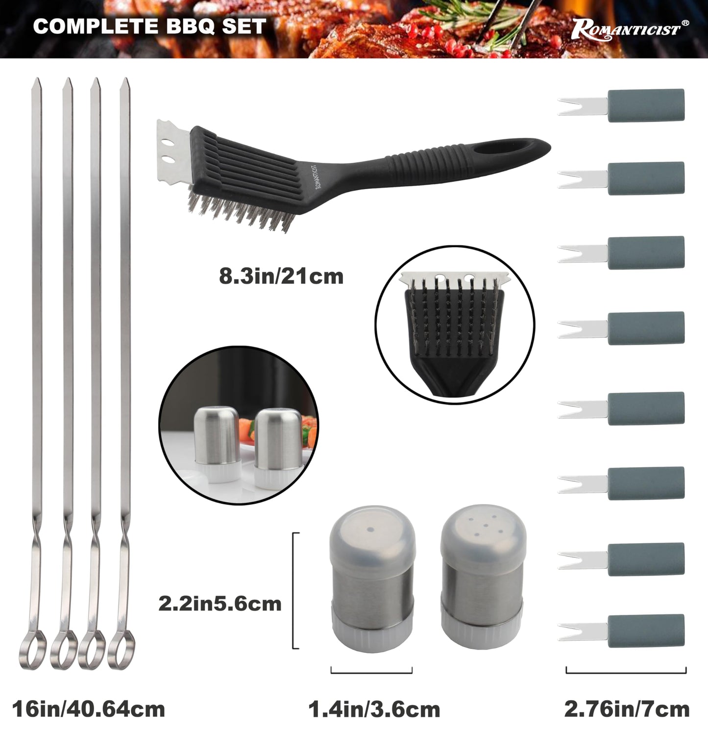 ROMANTICIST 20pcs Heavy Duty BBQ Grill Tool Set in Case - The Very Best Grill Gift for Father's Day and Christmas - Professional BBQ Accessories Set for Outdoor Cooking Camping Grilling Smoking, Grey