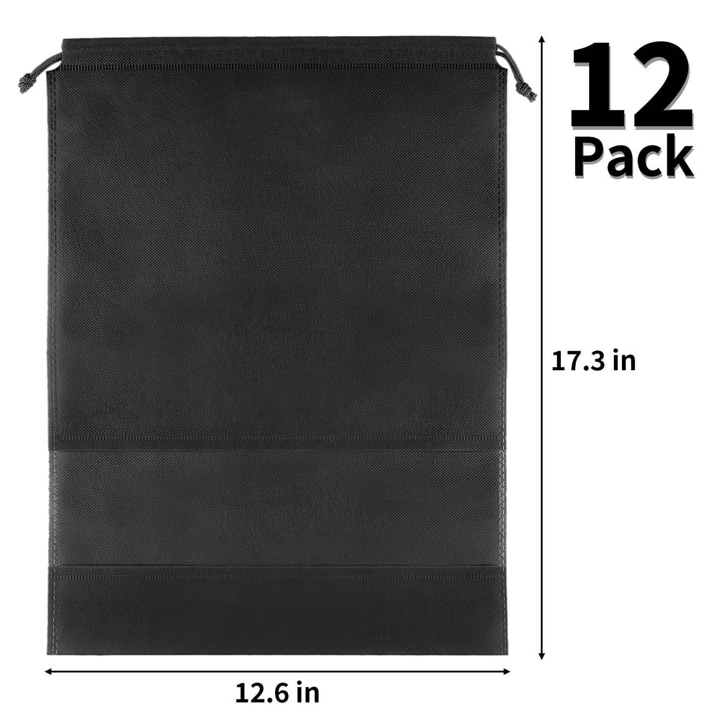 12 Pack Large Shoe Bags for Packing with Clear Window, Dustproof Drawstring Travel Shoe Storage Bags for Men & Women, Black
