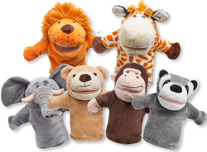 JOYIN 6Pcs Kids Hand Puppet Set with Working Mouth, Toddler Animal Plush Toy Includes Elephant, Giraffe, Lion, Bear, Raccoon and Monkey for Show Theater, Christmas Birthday Gifts for Kid Age 3+
