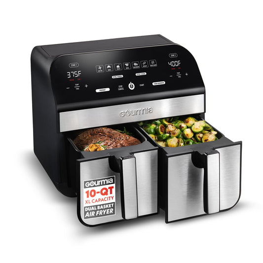 Gourmia Dual Basket Digital Air Fryer – 10 QT, FryForce 360° Technology, 7 Presets, Match Cook & Smart Finish, PTOA-Free Baskets & Crisper Trays, 1600W, Black