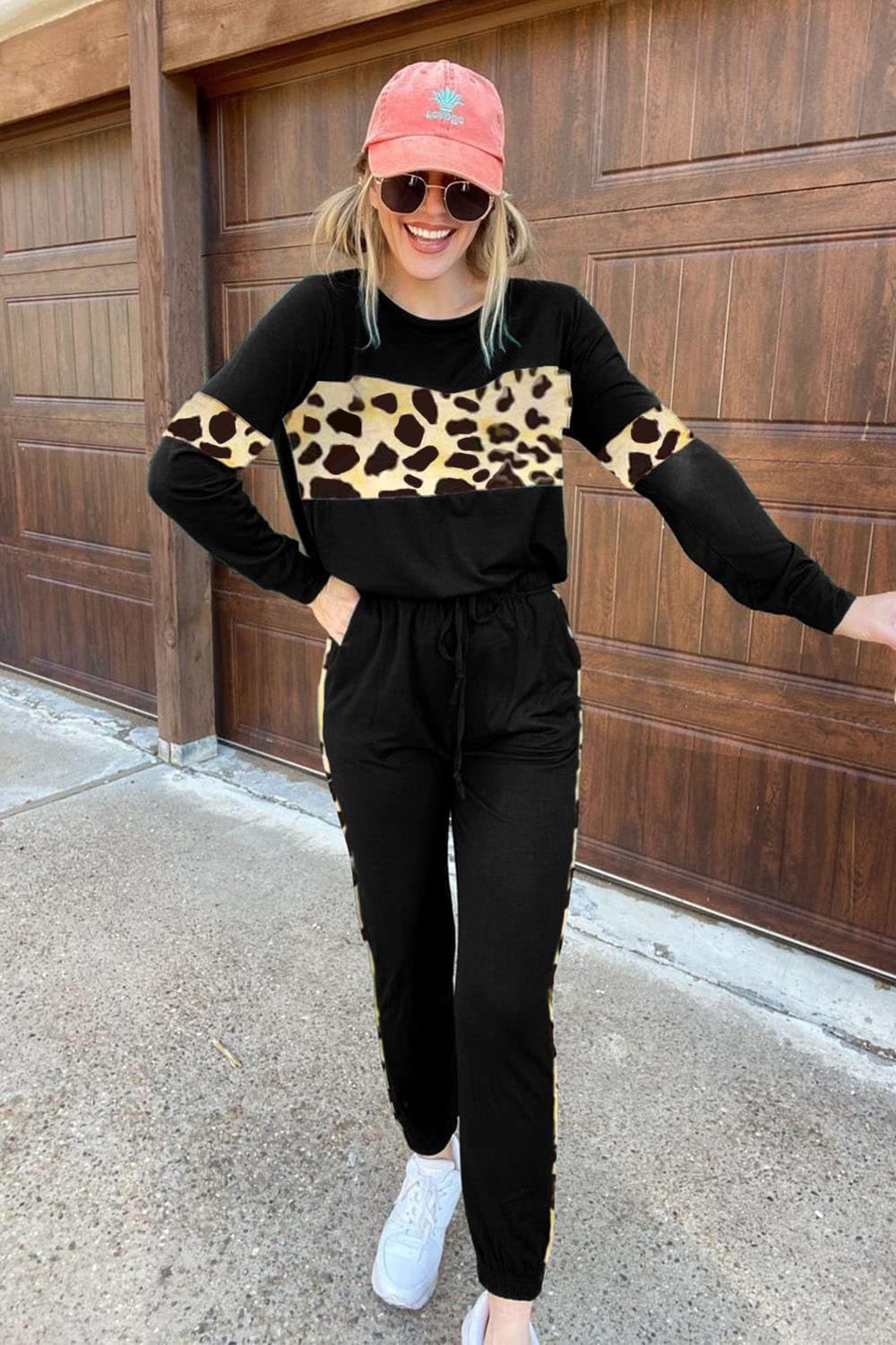 PRETTYGARDEN Womens 2 Piece Sets 2025 Long Sleeve Tops High Waisted Sweatpants Lounge Set Fall Fashion Travel Outfits (Leopard Black,Large)