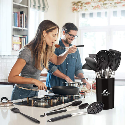 MIBOTE Silicone Kitchen Utensils Set, Cooking Utensils Set with Heat Resistant BPA-Free Silicone and Stainless Steel Handle Kitchen Tools Set (Black)