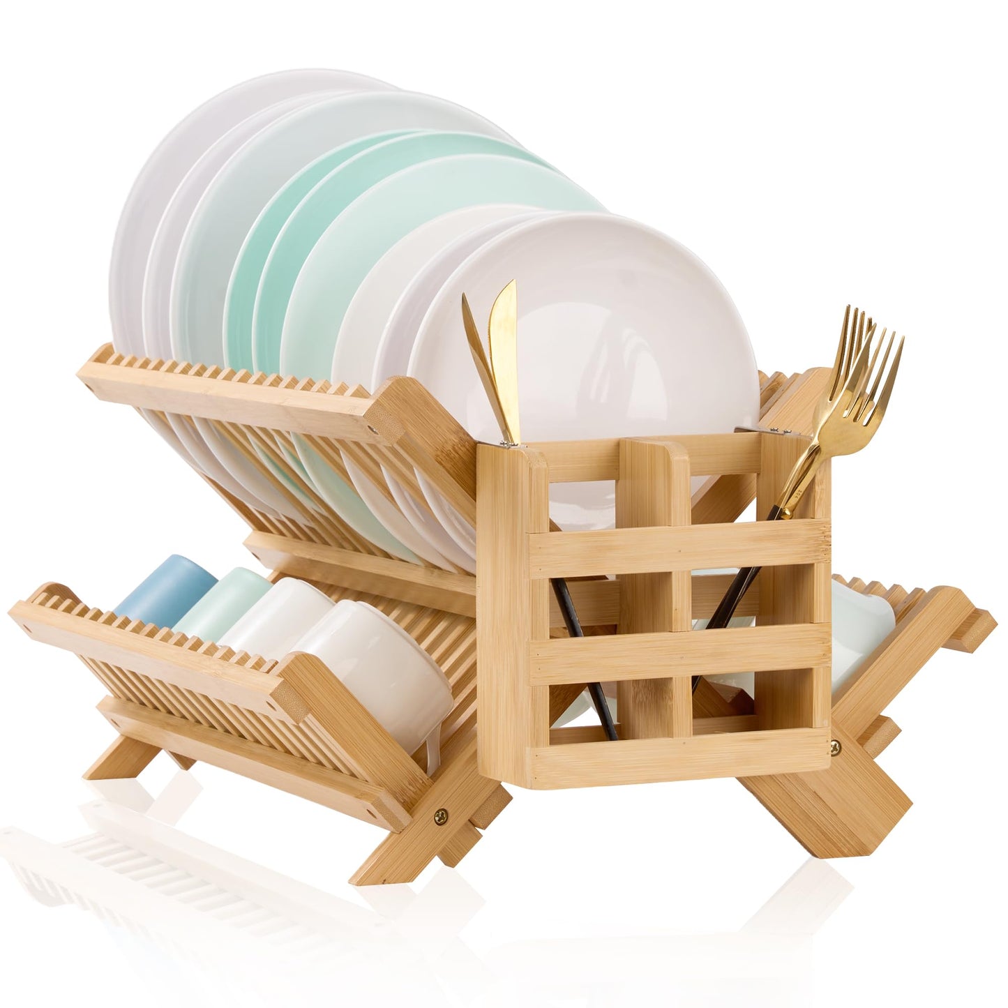 NOVAYEAH Bmaboo Dish Drying Rack for Kitchen Counter 3-Tier Collapsible Wooden Dish Drying Rack with Utensil Holder Dish Drainer Large Folding Dish Rack with Utensils Flatware Holder 51 pcs Grid