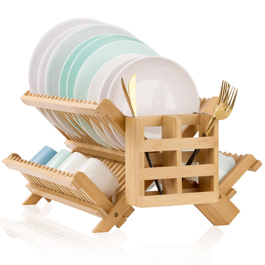 NOVAYEAH Bmaboo Dish Drying Rack for Kitchen Counter 3-Tier Collapsible Wooden Dish Drying Rack with Utensil Holder Dish Drainer Large Folding Dish Rack with Utensils Flatware Holder 51 pcs Grid