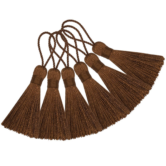 Makhry 20pcs 4.3 Inch Handmade Silky Floss Mini Tiny Craft Tassels with 2-Inch Cord Loop and Small Chinese Knot for Earrings, Souvenir, Bookmarks, DIY Craft Accessory,Tags (Light Coffee)