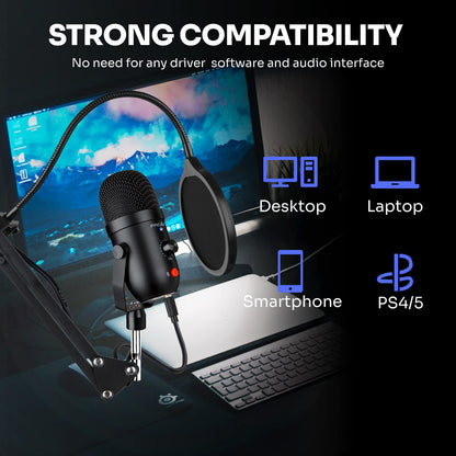Podcast & Gaming USB Microphone Kit - Condenser Mic for Phone, Pad, PS4, Computer & Laptop (Noise Cancelling, ASMR, YouTube, Streaming)