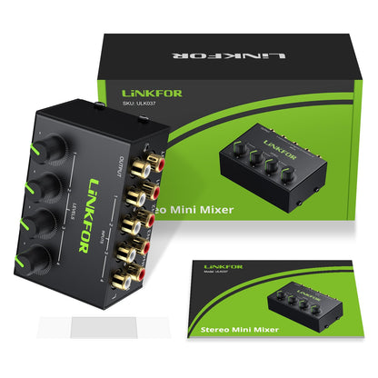 LiNKFOR 4 Channel Stereo Audio Mixer CX400 Metal Shell Support RCA Input and Output Mini Passive Stereo Mixer with Separate Volume Controls