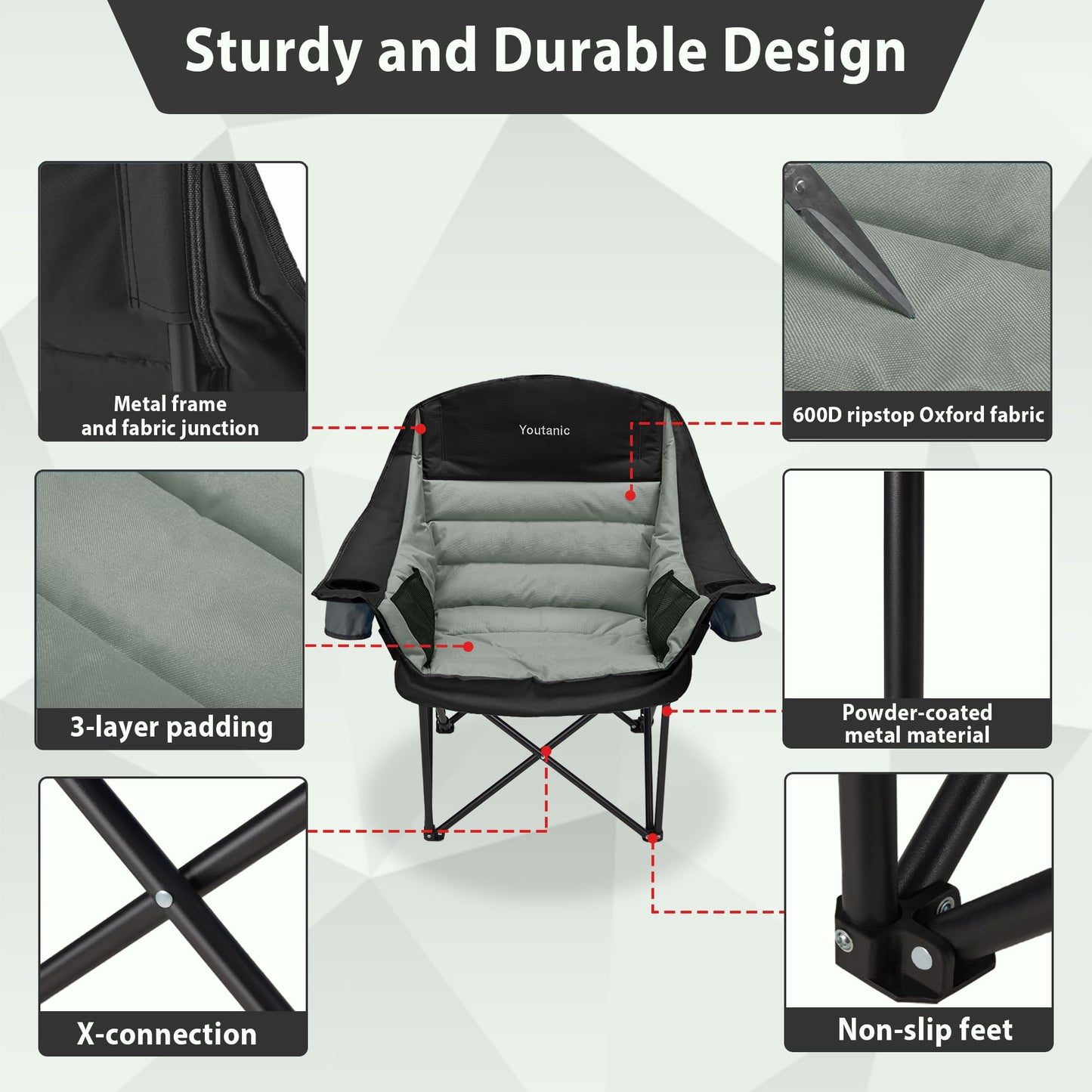 Youtanic Oversized Camping Chair, Portable Folding Camping Chairs with Side Pocket, Cup Holder and Carry Bag, Heavy Duty Outdoor Camping Chairs for Adults, Fishing, Sports, Trip, up to 400lbs, Style 4