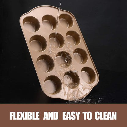JOHO BAKING Nonstick Muffin & Cupcake Pan Set (2 Pack) - 12 Cup Regular + 24 Cup Mini Muffin Tins | Heavy Duty Gold Carbon Steel, Rust-Resistant, Easy Release