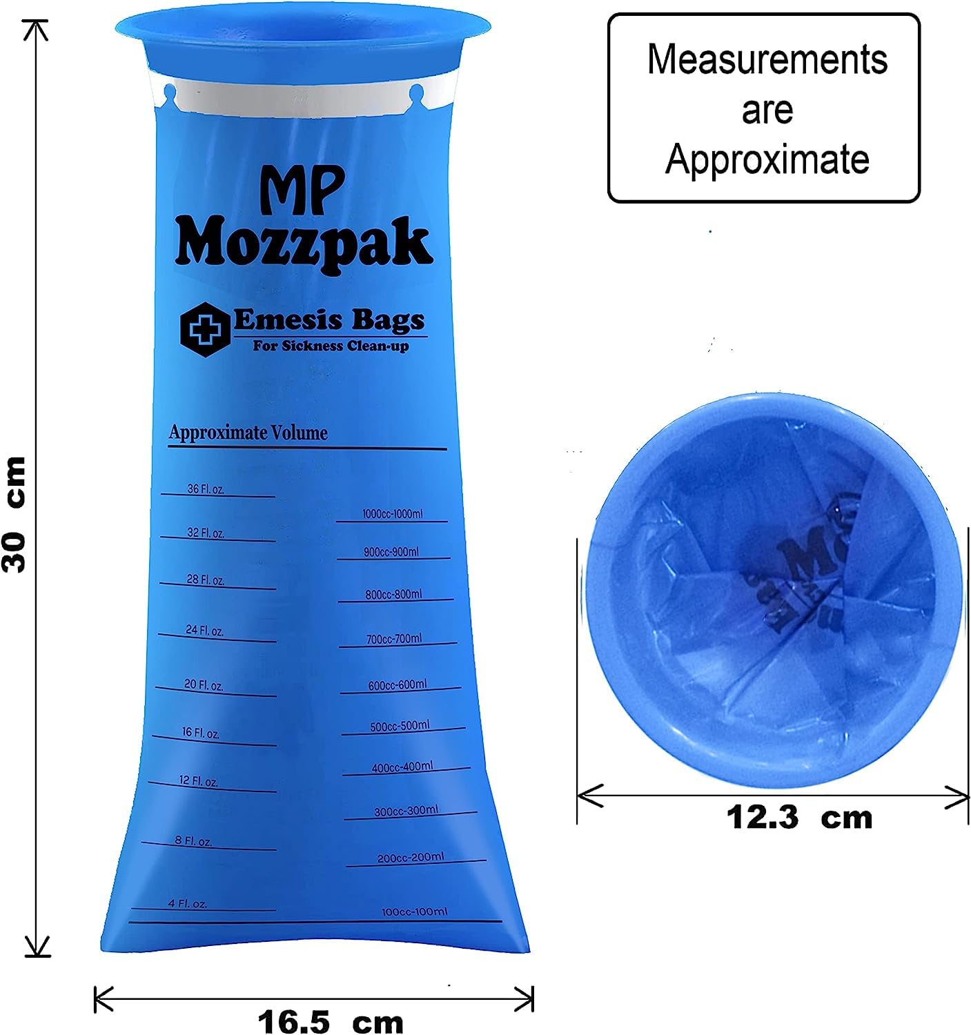 MP MOZZPAK Vomit Bags Disposable – 35 Pack – 1000ml Barf Bags – Leak Resistant, Medical Grade, Portable Emesis Bags, Puke, Throw Up, Nausea Bags for Travel Motion Sickness (Blue)