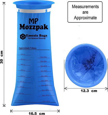 MP MOZZPAK Vomit Bags Disposable – 35 Pack – 1000ml Barf Bags – Leak Resistant, Medical Grade, Portable Emesis Bags, Puke, Throw Up, Nausea Bags for Travel Motion Sickness (Blue)
