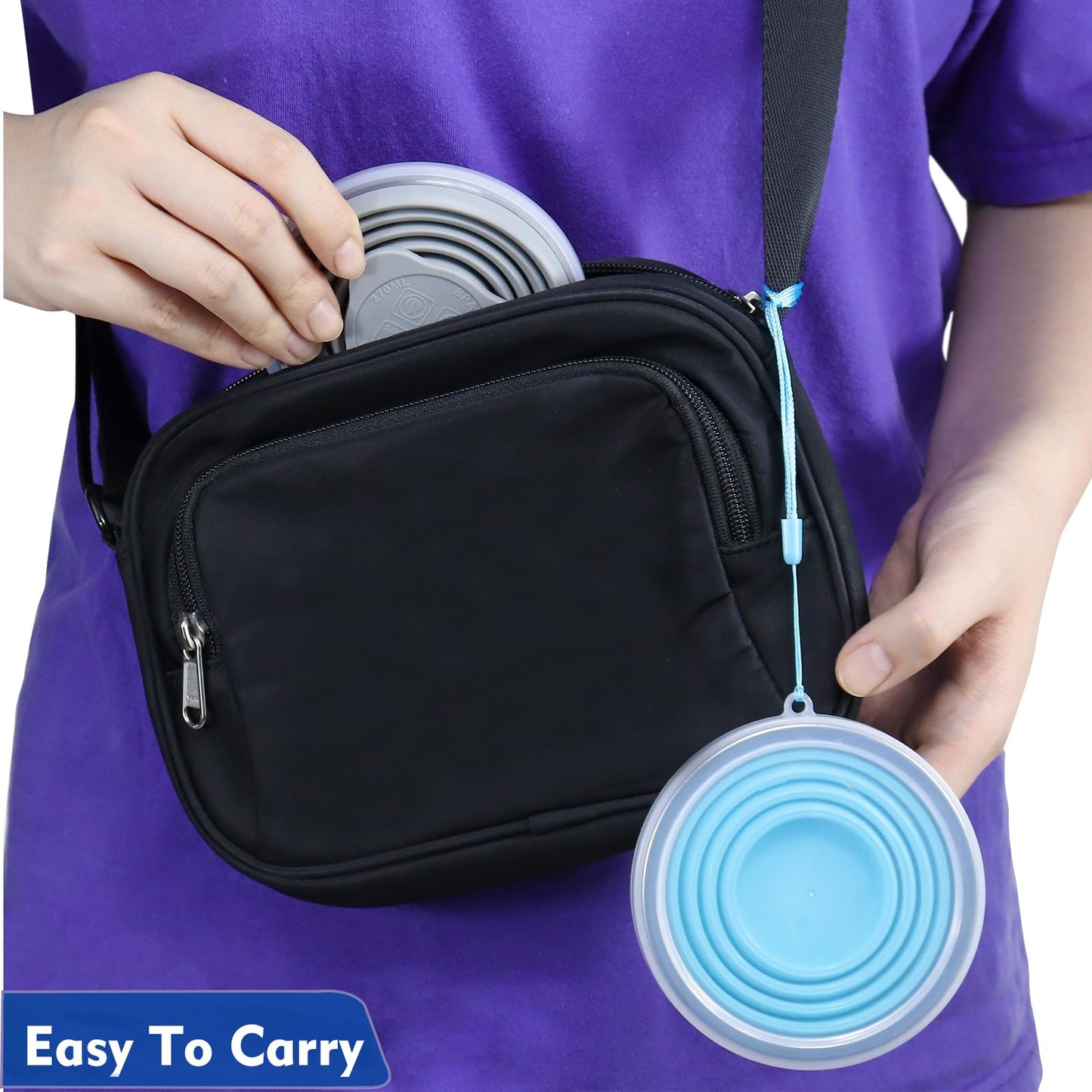 Nanaborn Silicone Collapsible Cups for Camping Travel, Small Portable Drinking Cup with Lids Reusable for Outdoor Hiking 270ml (Blue/Gray, 2 Pack)