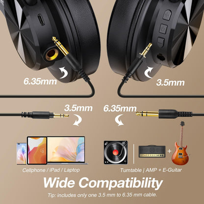 OneOdio A70 Bluetooth Over Ear Headphones, Wireless Headphones with 72H Playtime, Hi-Res, Built-in Mic, 3.5mm/6.35mm Wired Audio Jack for Studio Monitor & Mixing DJ Guitar AMP, Computer Laptop PC