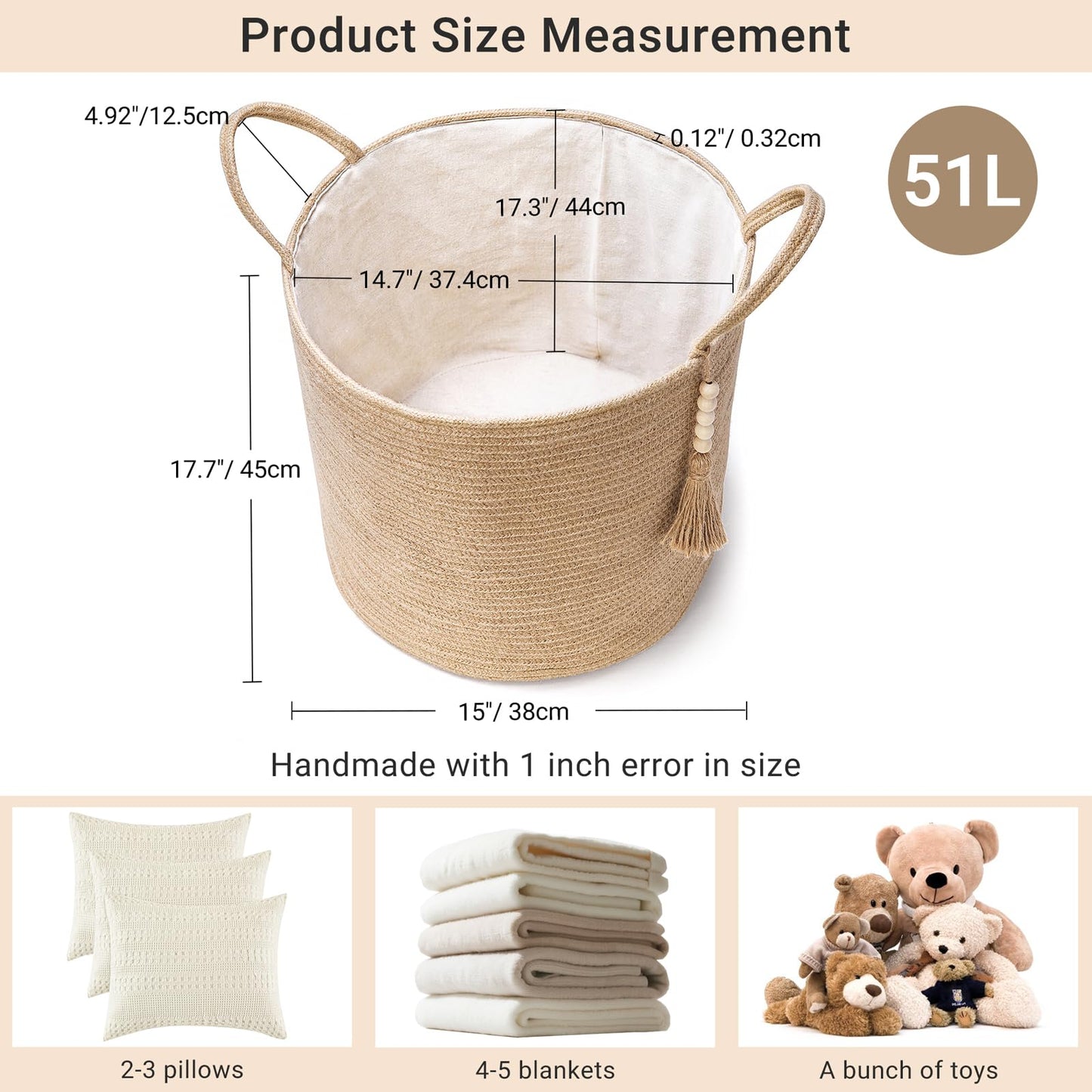 Mkono Tall Wicker Laundry Basket Woven Storage Basket Decorative Natural Rope Basket Wooden Bead Decoration for Blankets,Toys,Clothes,Shoes,Plant Organizer Bin with Handles Living Room 15" Wx17.7 L