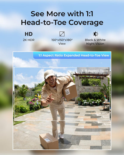 REOLINK Wireless 2K Battery Video Doorbell Camera, 150°x150° Head-to-Toe View, 2.4/5 GHz WiFi, Battery or Wired Power Options, Two-Way Talk, Person/Vehicle/Package Detection(Chime not Included)