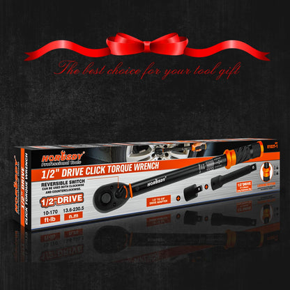 HORUSDY 1/2-Inch Drive Click Torque Wrench Set – 10–170 ft-lb / 13.6–230.5 Nm, ±3% Precision, Dual Scale, 72-Tooth Reversible Head with 5" Extension & Adapter for Car, Tire, and Motorcycle Use