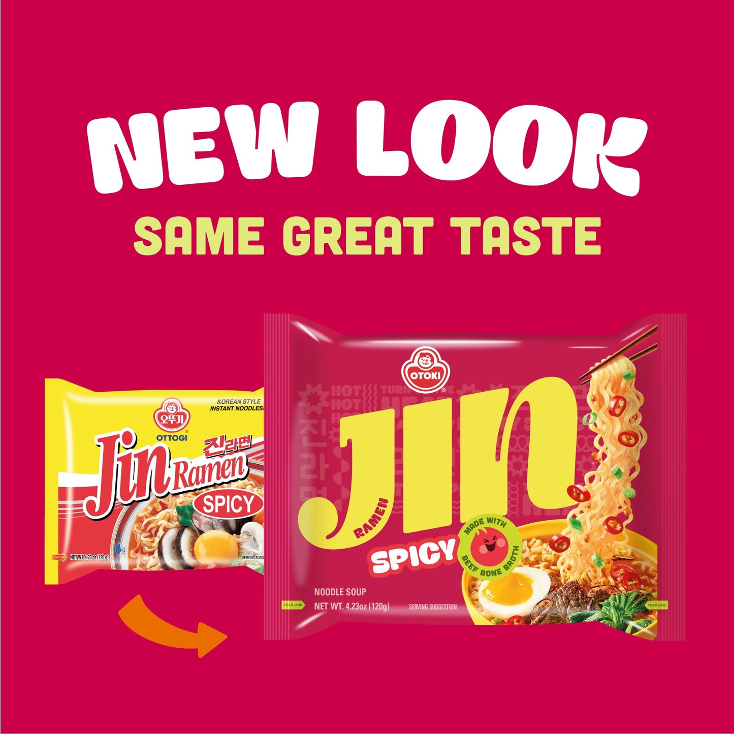 OTOKI Jin Ramen Spicy Flavor, 4.23 oz (Pack of 18) - Authentic Korean Instant Noodles, Rich and Savory Broth, Quick and Easy Meal