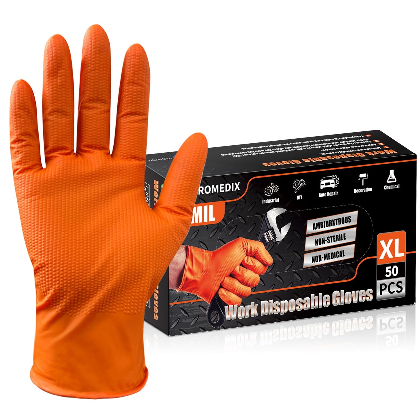 PROMEDIX P Heavy Duty Nitrile Disposable Gloves,8-mil Orange,Raised Diamond Texture Work Gloves，Industrial Work gloves