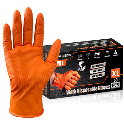 PROMEDIX P Heavy Duty Nitrile Disposable Gloves,8-mil Orange,Raised Diamond Texture Work Gloves，Industrial Work gloves
