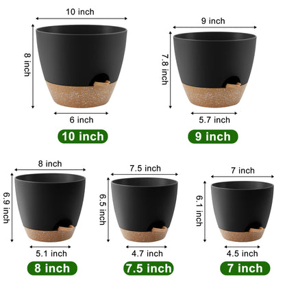 QRRICA Plant Pots 10/9/8/7.5/7 Inch Self Watering Pots, Set of 5 Plastic Planters with Drainage Holes and Saucers,Plastic Flower Pots,Nursery Planting Pot for Indoor Out Door Plants(Black Brown)