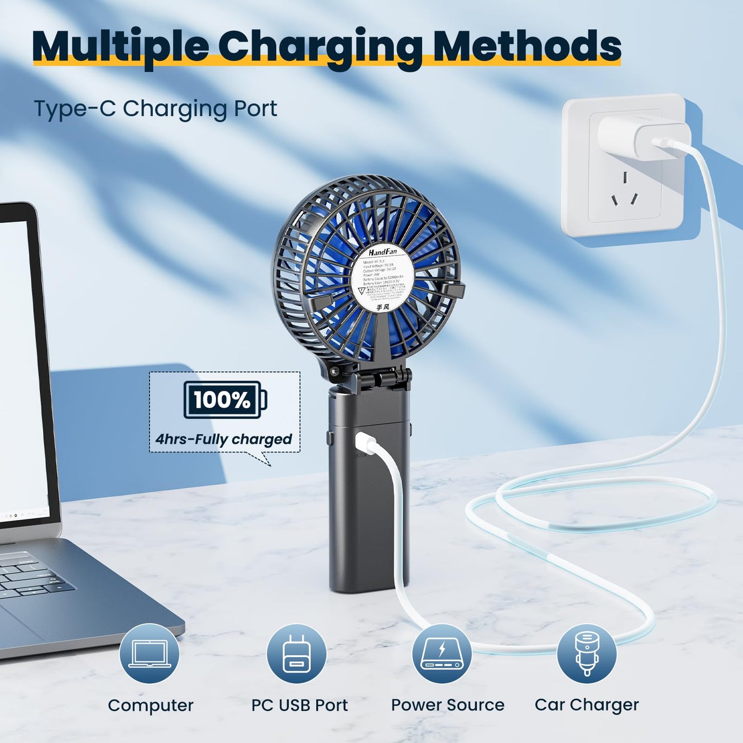 HandFan 5200mAh Portable Handheld Fan Rechargeable with Power Bank-3 Speeds Foldable Personal Cooling, 2-IN-1 Hand Held Fan Battery Operated, 20H Runtime for Travel/Summer/Concerts/Women (Black&Blue)