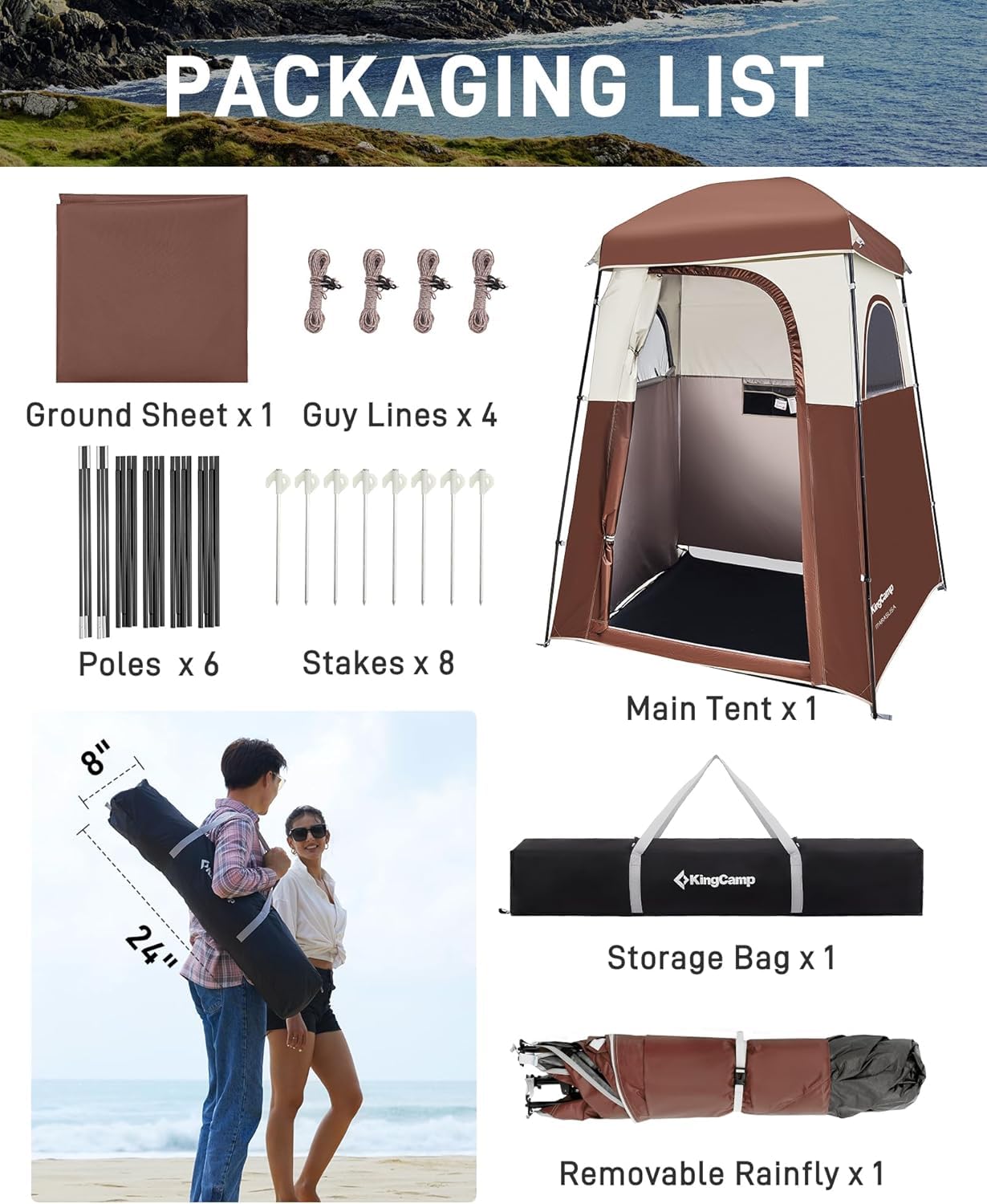KingCamp Oversize Space Privacy Camping Outdoor Shower Enclosure Portable Shower Tent for Camping 1 Room Brown Changing Tent Dressing Room