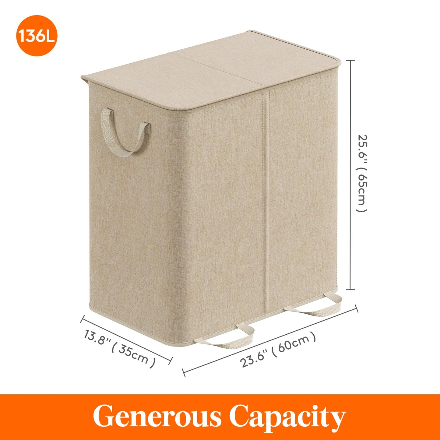 Lifewit Double Laundry Hamper with Lid and Removable Laundry Bags, Large Collapsible 2 Dividers Dirty Clothes Basket with Handles for Bedroom, Laundry Room, Closet, Bathroom, College, 136L Beige