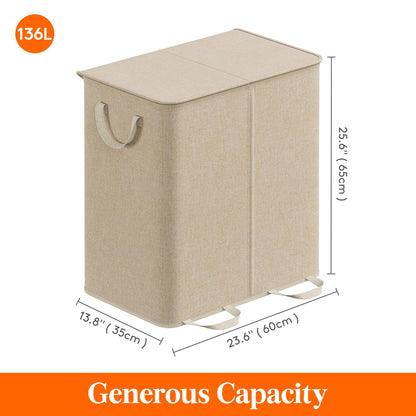 Lifewit Double Laundry Hamper with Lid and Removable Laundry Bags, Large Collapsible 2 Dividers Dirty Clothes Basket with Handles for Bedroom, Laundry Room, Closet, Bathroom, College, 136L Beige