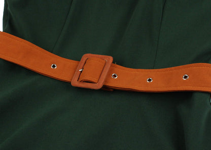 Nihsatin Women's Vintage-Inspired Green A-Line Dress with Orange Collar and Belt