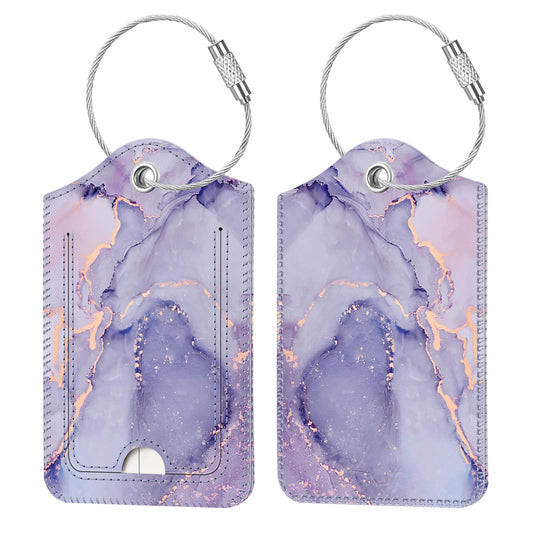 Fintie Luggage Tags, Privacy Cover ID Label with Stainless Steel Loop and Address Card for Travel Bag Suitcase - Lilac Marble (2 Piece)