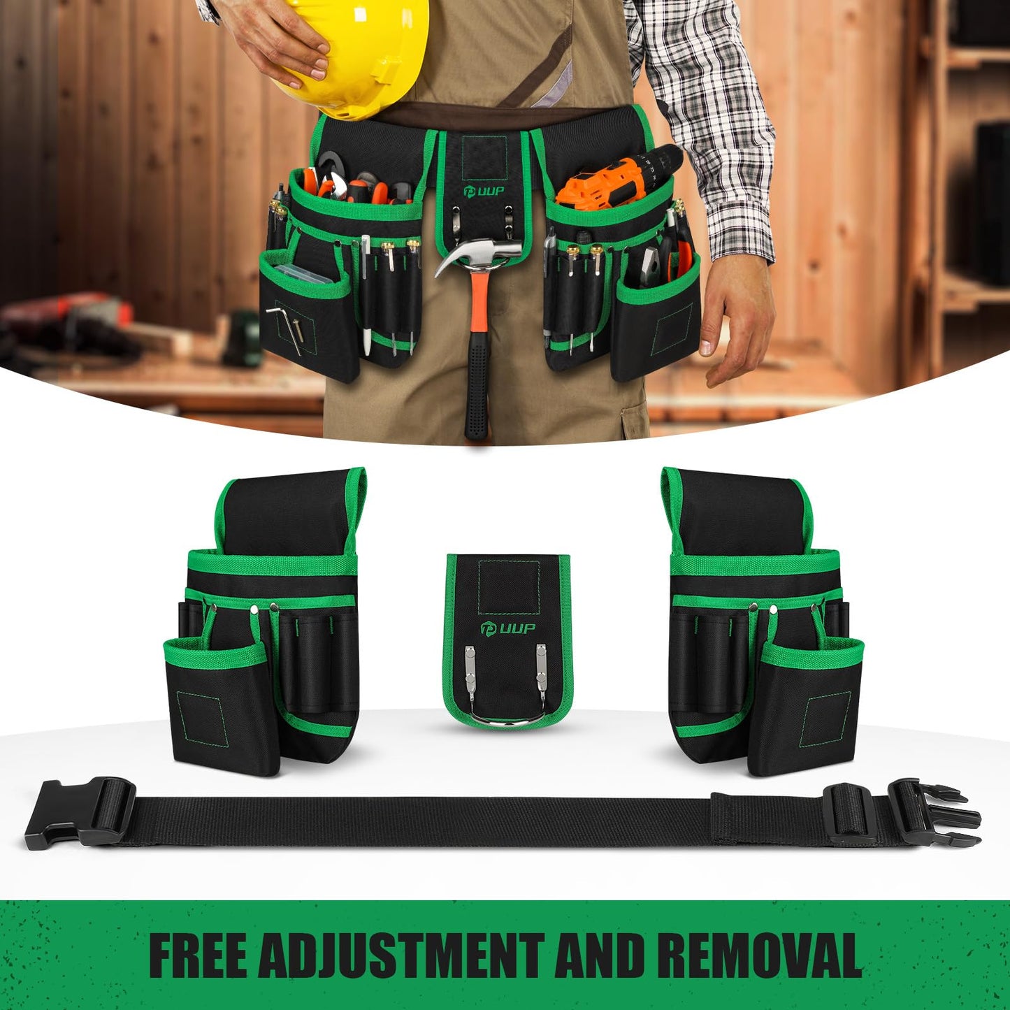 Magnetic Tool Belt for Men, 26 Pockets Heavy Duty Tool Pouch, Magnet Holster Nail Utility Toolbelt Detachable Adjustable Waist Holder for Handyman Contractor Mechanic Plumber Roofer Dad Gift -Green