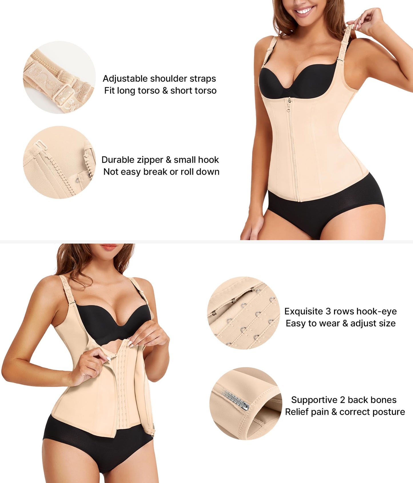 Nebility Women Waist Trainer Corset Zipper Vest Body Shaper Cincher Tank Top with Adjustable Straps (S, Beige)