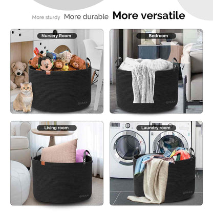 GOCAN Extra Large Storage Laundry Basket 22" X 22"X 14" Cotton Rope Woven for Blanket Basket with Handles for Living Room Toys Storage XXXL (Pure Blk)