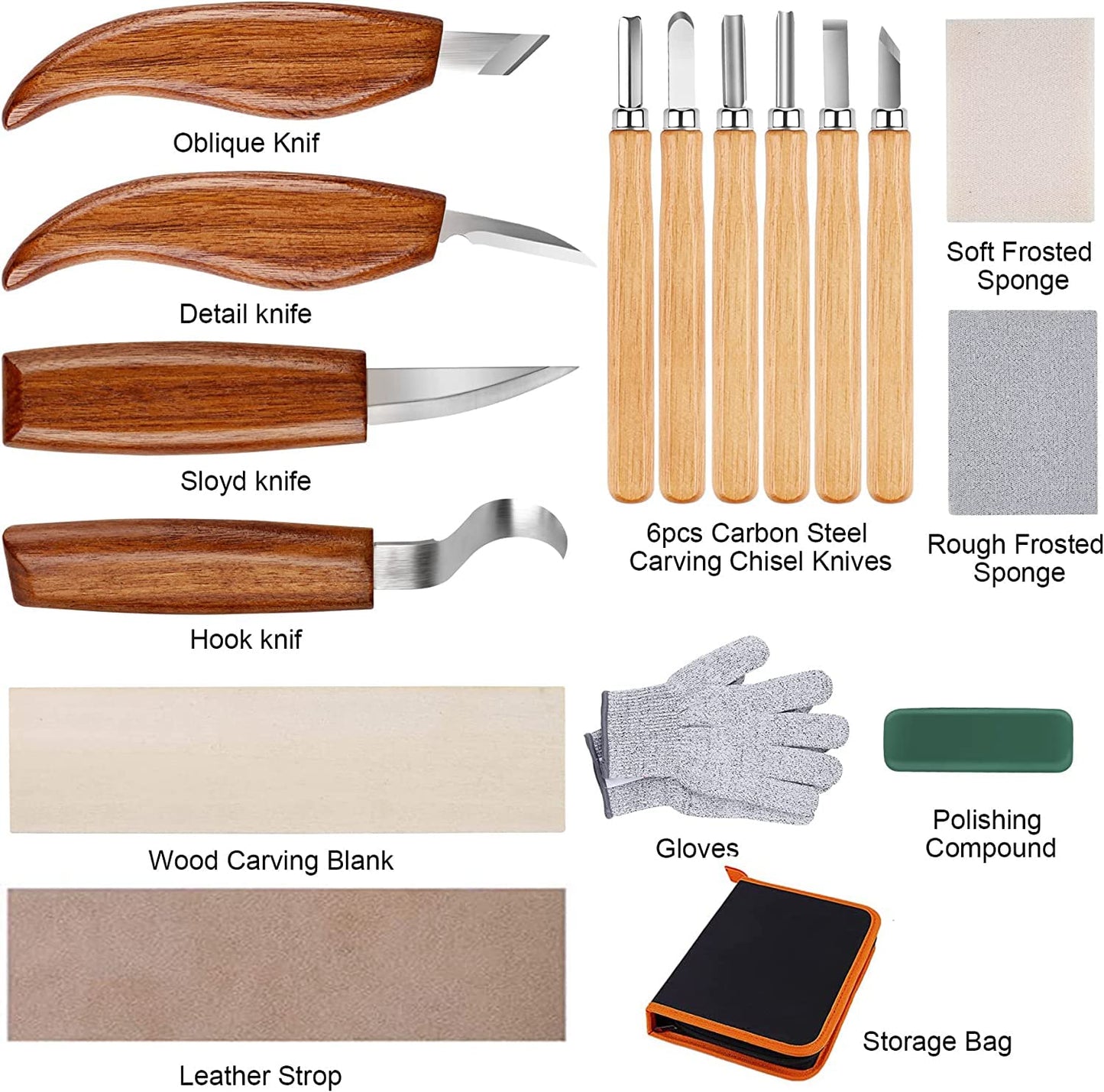 Olerqzer 26-in-1 Wood Carving Kit with Detail Wood Carving Knife, Whittling Knife, Wood Chisel Knife, Gloves, Carving Knife Sharpener for Spoon, Bowl, Kuksa Cup (26PCS)