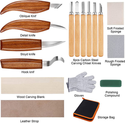 Olerqzer 26-in-1 Wood Carving Kit with Detail Wood Carving Knife, Whittling Knife, Wood Chisel Knife, Gloves, Carving Knife Sharpener for Spoon, Bowl, Kuksa Cup (26PCS)