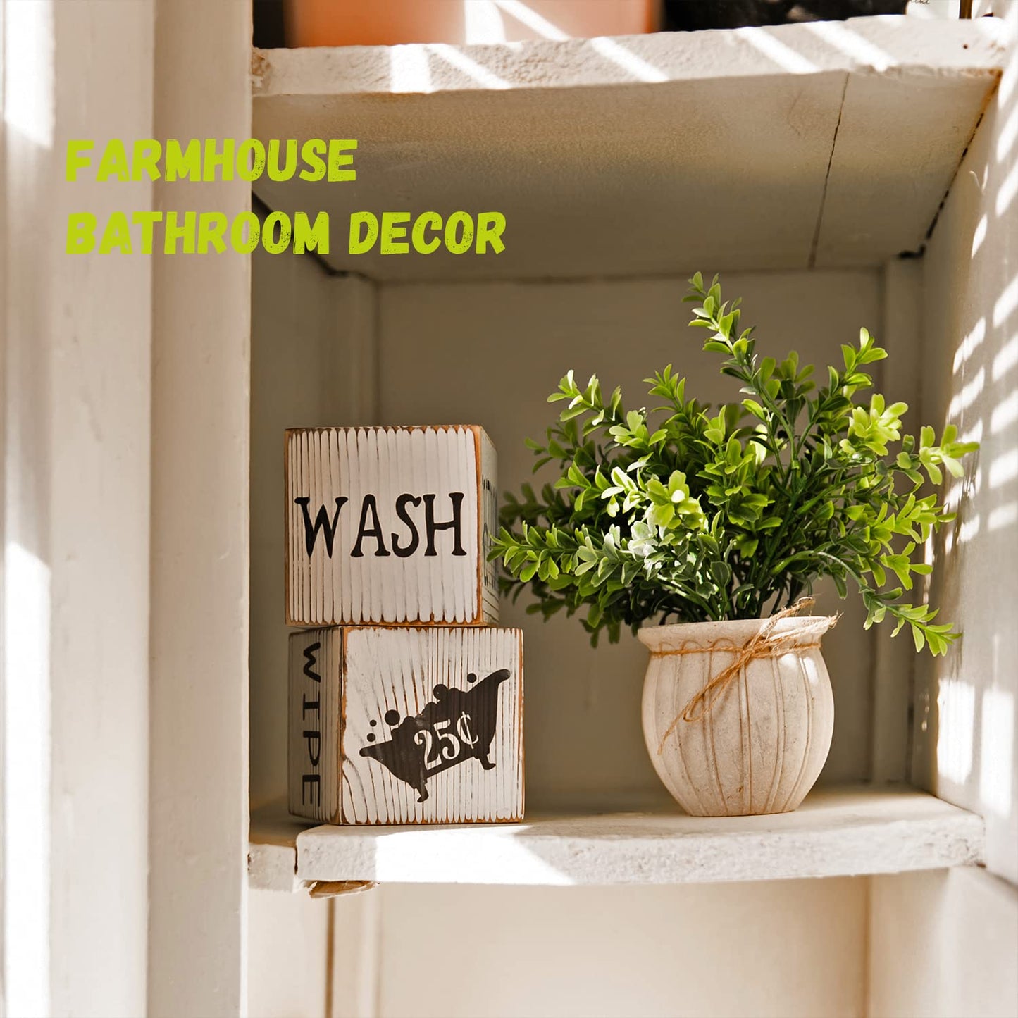 Farmhouse Block Decoration Four-Sided Funny Signs Modern Rustic Decor, Wooden Cute Guest Art Home Decorations Restroom Sign For Bathroom (Block + Plant)