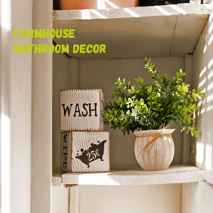 Farmhouse Block Decoration Four-Sided Funny Signs Modern Rustic Decor, Wooden Cute Guest Art Home Decorations Restroom Sign For Bathroom (Block + Plant)