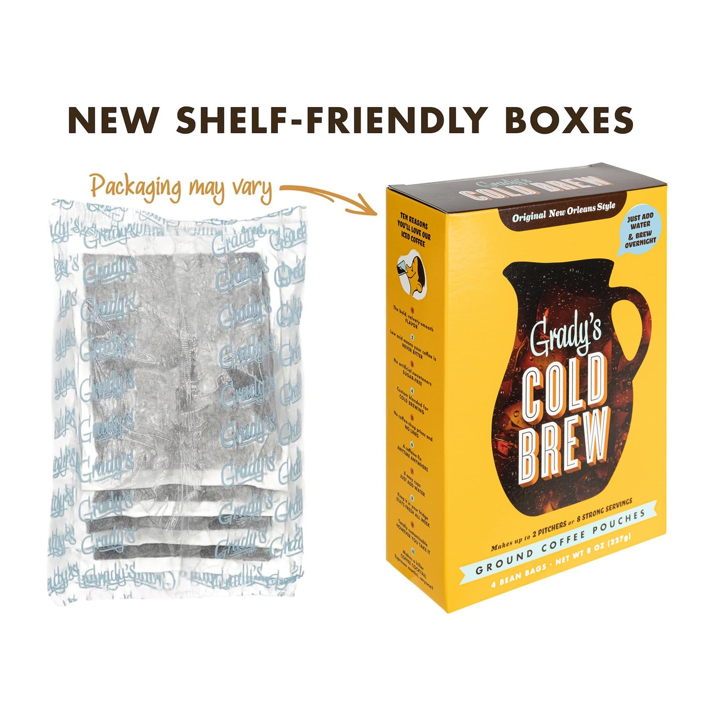 GRADY’S COLD BREW Coffee Pouches | New Orleans Style | 100% Arabica Ground Coffee & Chicory | TWO Boxes of Four Easy-to-Brew Bean Bags | Makes 24 drinks