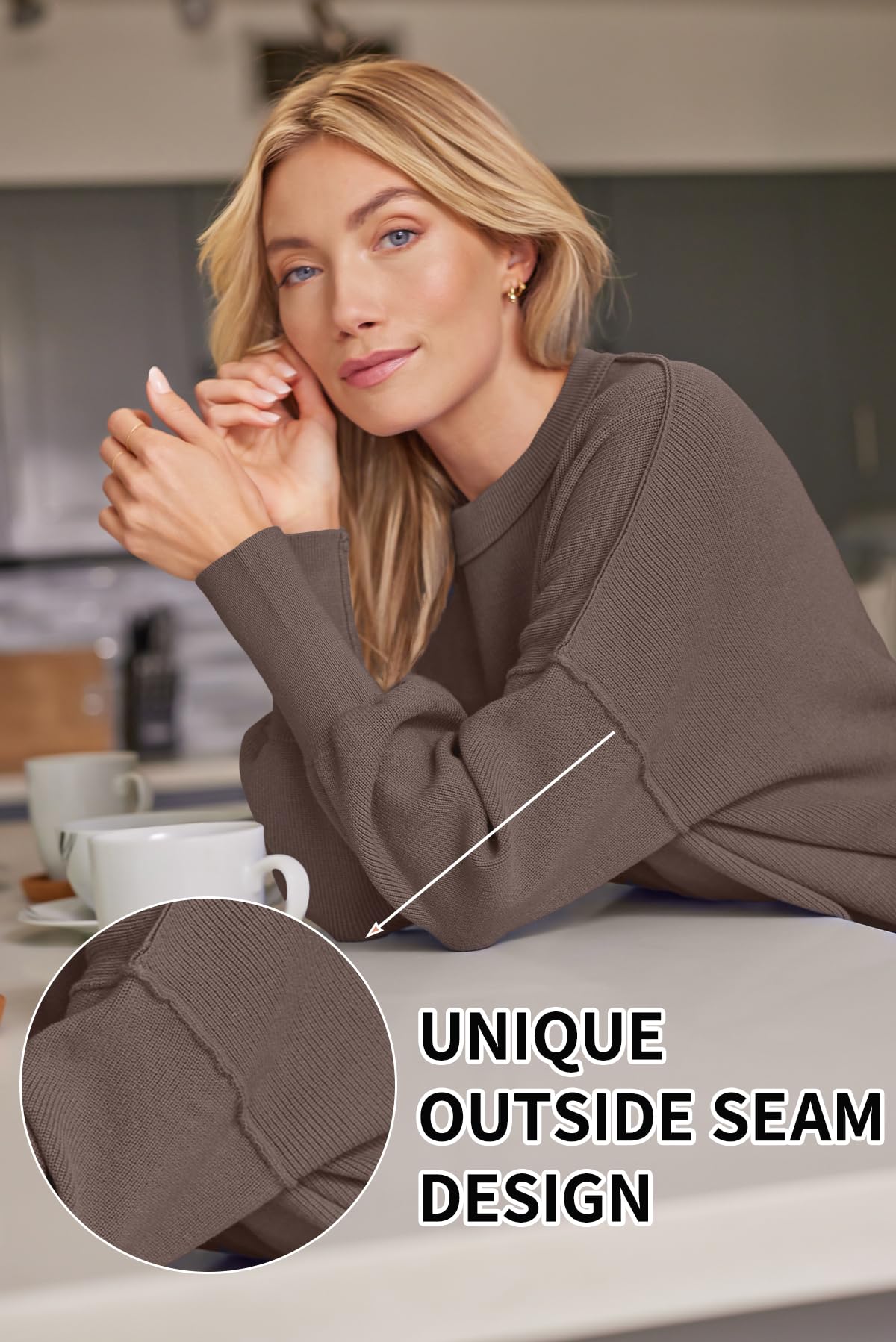 LILLUSORY Women's Oversized Batwing Sweaters 2025 Fall Outfits Trendy Crewneck Knit Side Slit Fashion Pullover Tops Nutmeg L